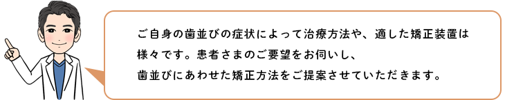 歯並びにあわせた矯正方法をご提案させていただきます。